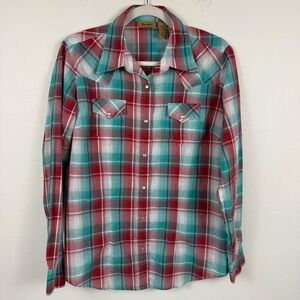 Wrangler Womens Western Snap Button Plaid Shirt Red Teal Long Sleeve Size Medium